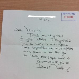 David Attenborough responds in writing to a Year 5 class from Ashbrook Junior school